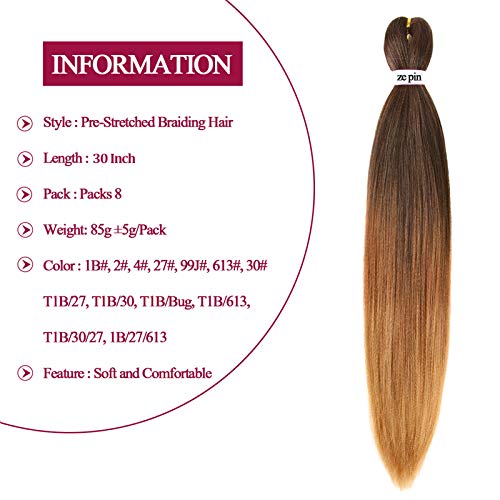 Zepin 30 Inch Pre-Stretched Braiding Hair - 8 Pack Synthetic Yaki Fiber (1B/30/27)
