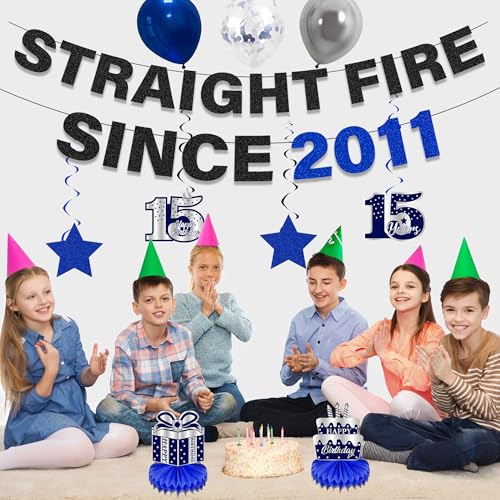 15th Birthday Decoration Set - 11 Pcs Blue & Black Balloons, Banners, and Honeycomb