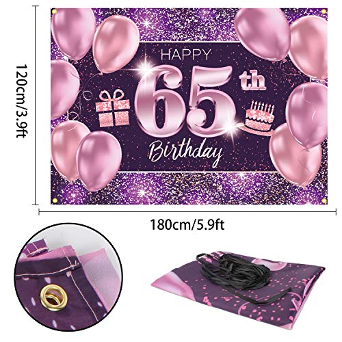 65th Birthday Banner Backdrop - Pink Purple Gold 4x6ft Party Decor