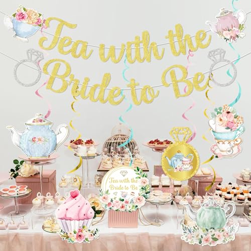 Gold Glitter Tea with the Bride to Be Banner & Swirls Set