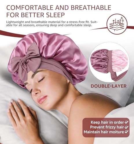 HiRui Double-Layer Silk Satin Sleep Bonnet for Women Large Blush Pink