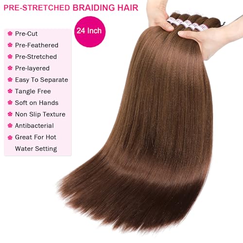 BEFUNNY 24 Inch Brown Pre Stretched Braiding Hair - 8 Packs, Itch-Free Yaki Extensions