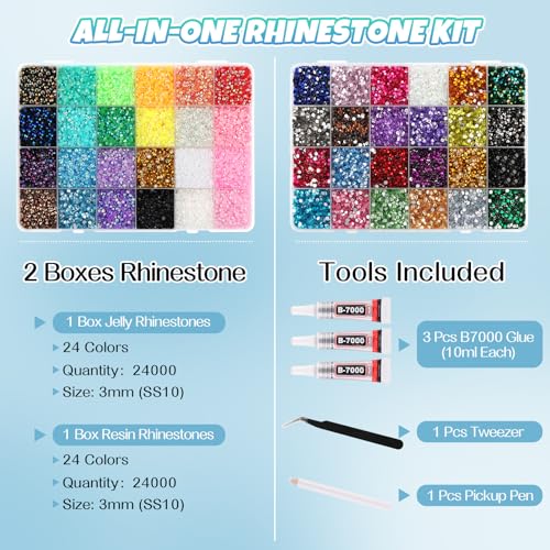 Kalolary 48000pcs 3mm Resin Jelly Rhinestones Kit with Glue and Tools