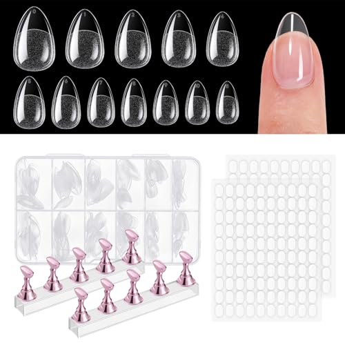 Short Almond Fake Nail Tips & Nail Stand Kit for Nail Art Practice