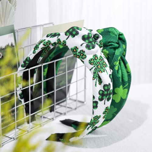 YanJie Knotted Clover Shamrock Headbands for Women & Girls, St. Patrick's Day Gift, Green White Leopard Variation
