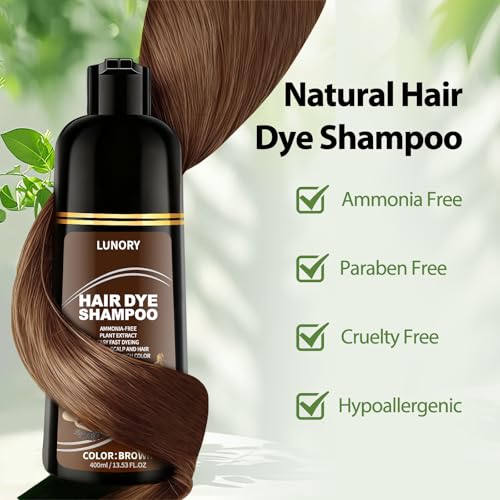 Lunory Brown Hair Dye Shampoo for 100% Gray Coverage - Ammonia-Free