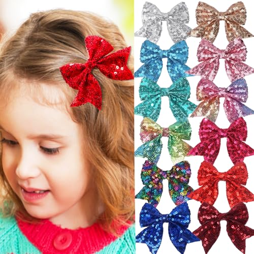 3-Inch Rainbow Sequins Hair Bows Clips - 2 Pack for Girls