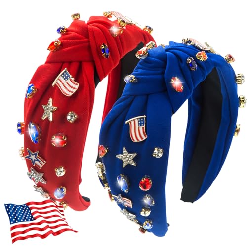 4th of July Headbands for Women - 2 Pcs Red & Blue Rhinestone USA Flag Hair Hoops