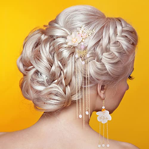 HINZIC 5Pcs Flower Tassel Hair Pins Set with Rhinestone Pearls & Earrings for Women & Girls