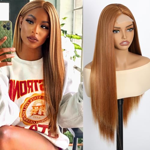 28 Inch Honey Blonde Straight Wig for Women - Heat Resistant Synthetic Lace Front