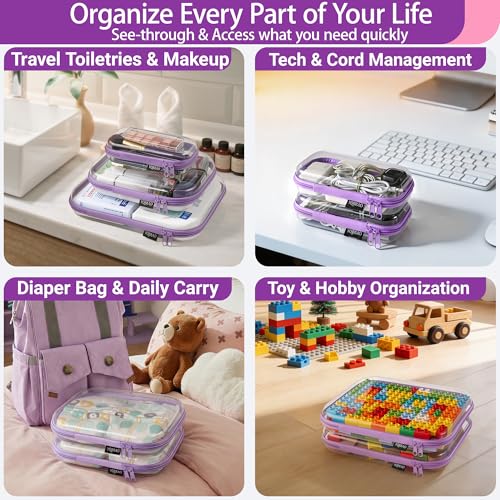 YQBRAO Clear Hard Shell Zipper Cases - 4 Small Cable Organizers, Purple