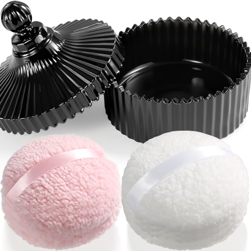 Black 3-Piece Powder Puff Set with Glass Container for Body & Face