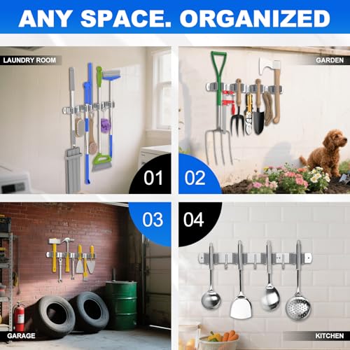 Broom Holder Wall Mount Organizer with 4 Racks & 3 Hooks - 2 Pack