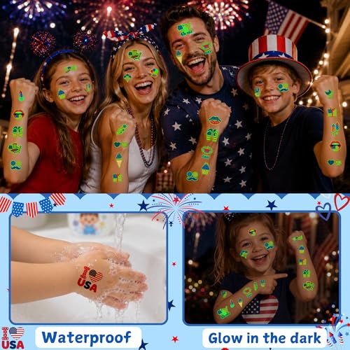 Fourth of July Luminous Temporary Tattoos for Kids - 80+ Patriotic Designs, Party Favors