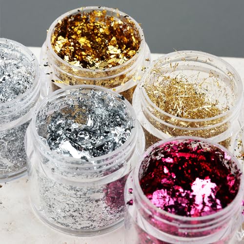 Fcozpjk Gold Foil Flakes for Nail Art - 6PCS Gilding Flakes Set