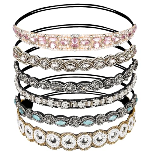 6PCS Handmade Rhinestone Beaded Headbands for Women