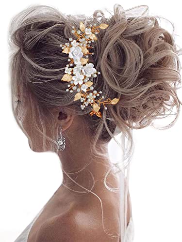 Gold Flower Bride Wedding Hair Vine with Pearls & Rhinestones