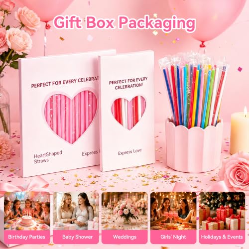 100 Heart-Shaped Plastic Straws for Valentine's Day & Parties