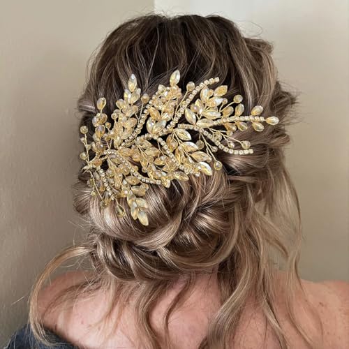WONRLUA Champagne Bridal Headpiece, Leaf Wedding Hair Piece with Crystals