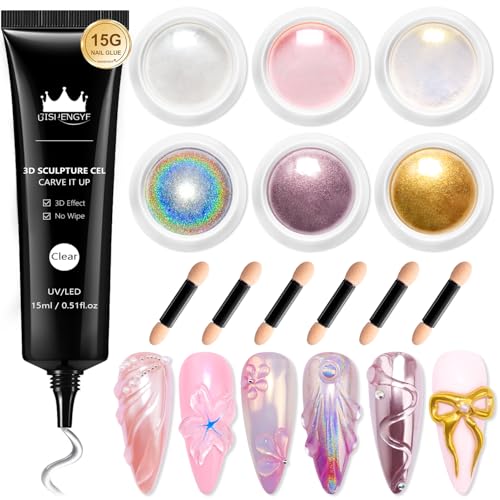 3D Nail Gel Kit with Chrome Powder & Molding Glue - Long Lasting Nail Art Set