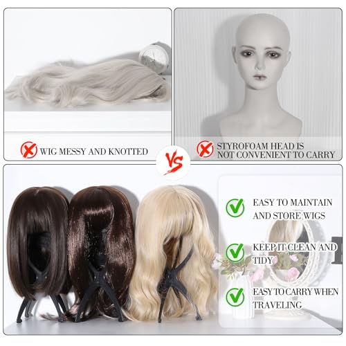 obeoby Foldable Black Wig Stand 3 Pack Portable Hair Wigs Holder for Travel & Home
