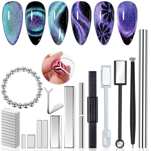 MOLILON 46Pcs Cat Eye Nail Magnet Tool Set - Style 1 with Heart & Double-Head Magnets