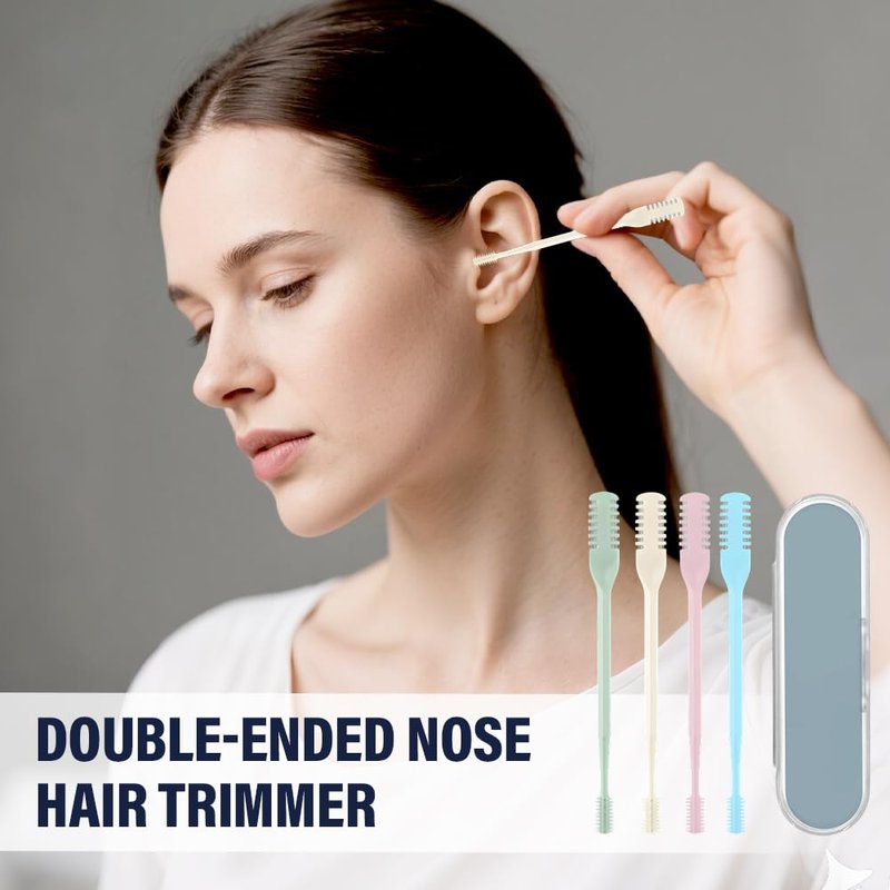AprYew 2-in-1 Nasal Hair Cutter, Nose Hair Trimmer for Men Women, 360° Rotating Portable Manual Nose Hair Remover Tool with Ear Picker, Double Sided Noses Hairs Knife Travel Essentials (Beige, 3PC)