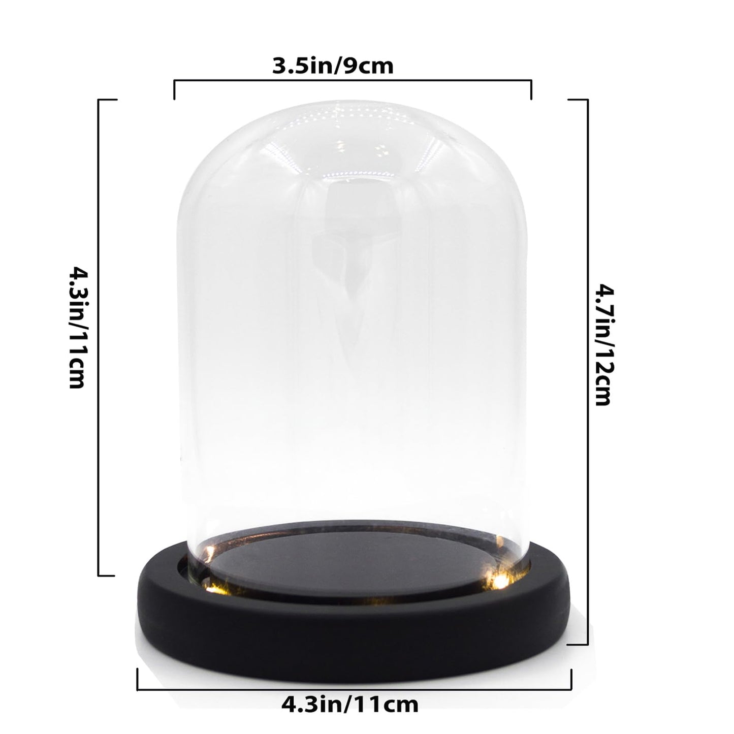 Nynelly 3.54" D X 4.33" H Clear Glass Dome Cloche with Black LED Lights Base,Glass Display Bell Jar Ornament