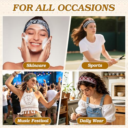Yunaking 8pcs Boho Headbands Set for Women - Trendy Floral Tribal Style, Soft & Non-Slip, Perfect for Yoga, Summer & Gifts