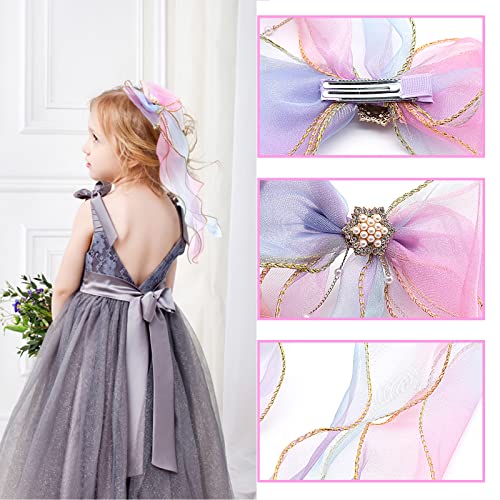 Rainbow Ribbon Hair Bows for Girls, Princess Alligator Clips, Colorful Hair Accessories