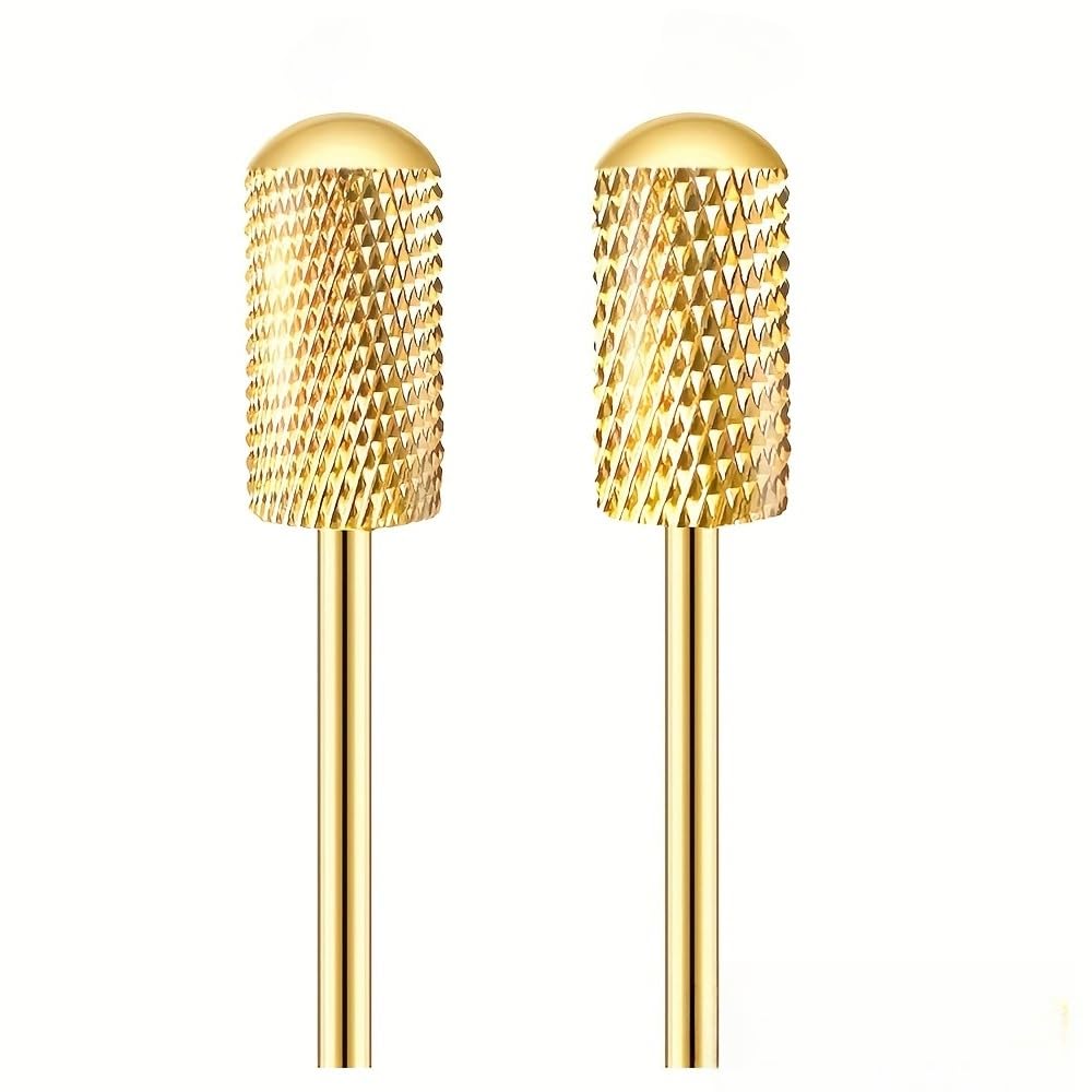 2PCS 2 Pieces Gold Plated Nail Grinding Heads with Medium Grit, Smooth Round Cylinder Shape, Tungsten Steel for Polish Removal