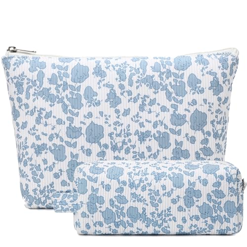 2-Piece Floral Corduroy Makeup Bag Set - Travel Cosmetic Organizer