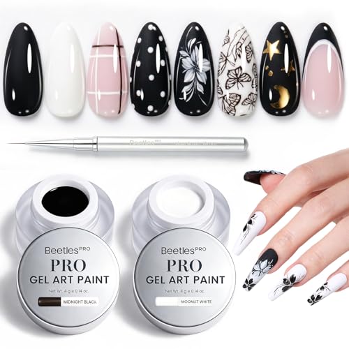 Beetles Black & White Nail Art Gel Paint with Precision Brush