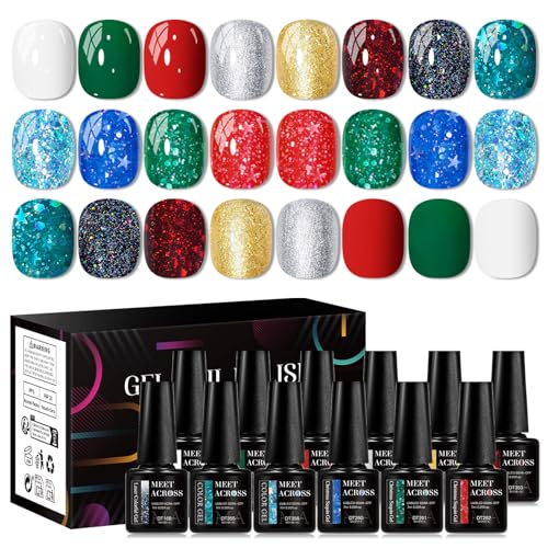 MEET ACROSS 12PCS Gel Nail Polish Set - Red Green / 3 Fl Oz Long-Lasting UV & LED Nail Art Kit