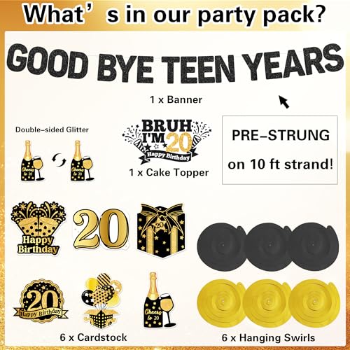20th Birthday Banner Set - Black Gold Glitter Decorations for Him