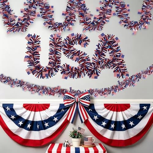 33-Foot Patriotic Tinsel Garland for 4th of July Decor