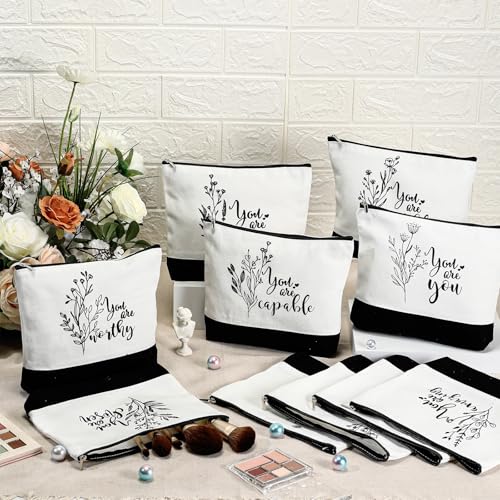 Coume 10 Pack Canvas Makeup Bags with Inspirational Quotes - Travel & Gift Set