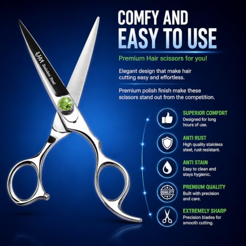 UM Supplies 6.5" Silver-Green Barber Scissors - Multi-Purpose Hair Shears
