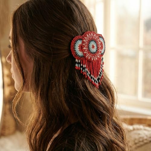 La Vivia Handmade Beaded Hair Barrette - Red Round Medallion Clip