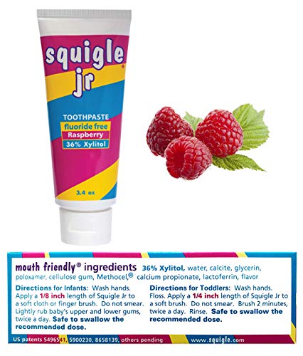 Squigle Jr Kids Raspberry Fluoride-Free Toothpaste 3.4oz – Xylitol, Low Foam, Gentle Oral Care