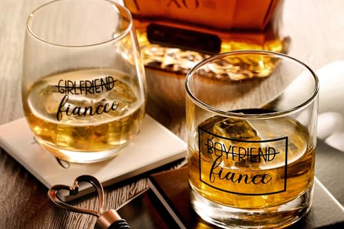 Engagement Gift Set - Couples Wine & Whiskey Glasses for Him & Her