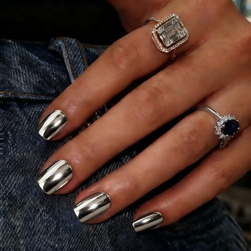 SXVME Short Square Metallic Silver Press-On Nails with Sparkle Mirror Finish, 30 Pcs - Variation: Square-Silver