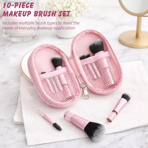 10-Piece Mini Pink Travel Makeup Brush Set with Pouch