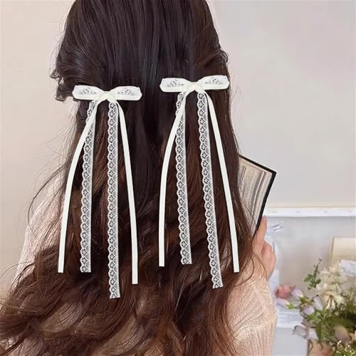 2 Pcs White Lace Hair Bow Clips with Long Tail - Elegant Ribbon Bows