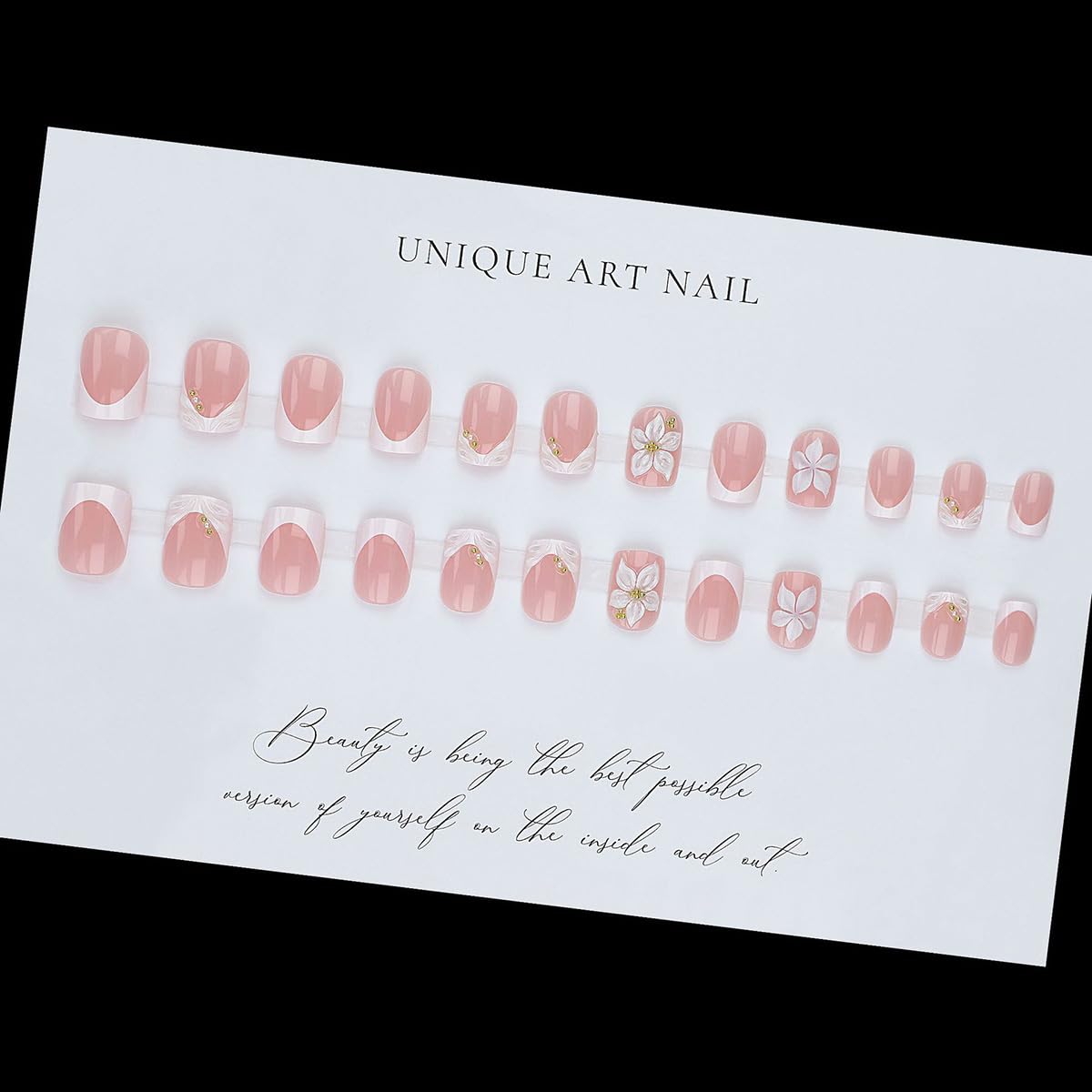French Tip Press-On Nails - 24Pcs Short Square Design with 3D Flowers & Rhinestones | Glossy Natural Pink Full Cover