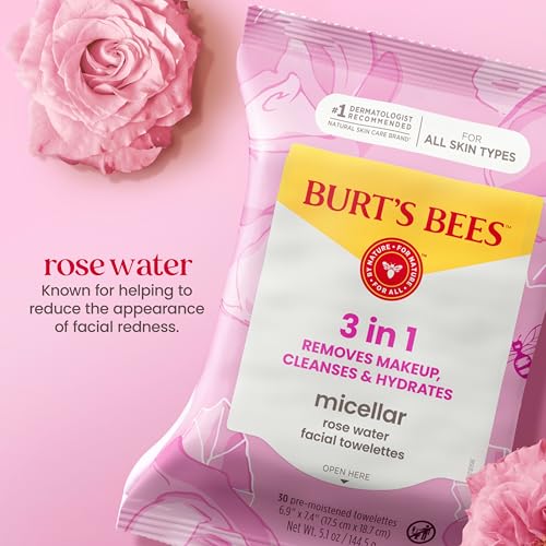 Burt's Bees Micellar Rose Water Facial Towelettes - 30 Count, Plant-Based Makeup Remover Wipes for All Skin Types