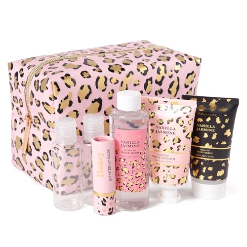 Tahari Vanilla Jasmine Spa Gift Set for Women – Leopard | Body Lotion, Wash, Scrub & Lip Balm Travel Kit
