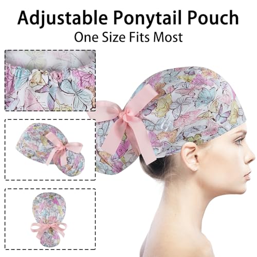 Multicolor Bouffant Scrub Caps for Women | Adjustable Ponytail Pouch