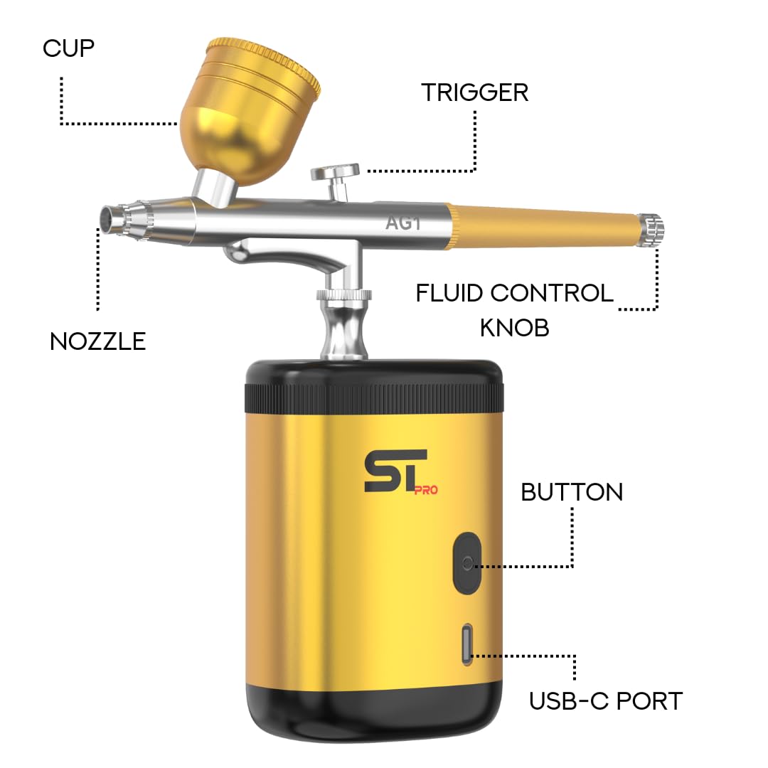 Supreme Trimmer Barber Airbrush Kit Cordless Hair and Beard Enhancement System with Ink Cleaning Solution 2 Style Triggers for Thinning Hair Natural Texture Fuller Looking Hair - AG1 (Gold)