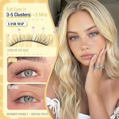 Short Lash Clusters Natural Cluster Eyelash Extensions 8-10-12MM Clear Band Cluster Lashes Extensions Wispy Individual Lashes CC-Curly Eyelash Clusters Pesta?as Postizas Naturales 144Pcs DIY Lashes